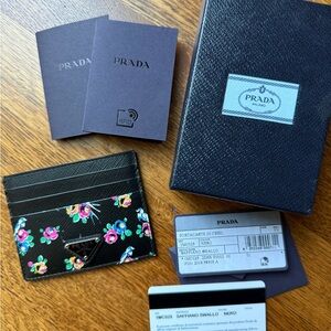 Prada Black Saffiano Floral Card Holder
